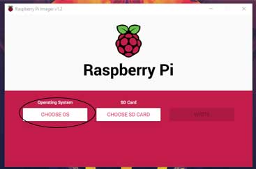 Hier ziet u de Raspberry Pi imager. Klik op de linker knop. Deze is gelabelt met "CHOOSE OS".