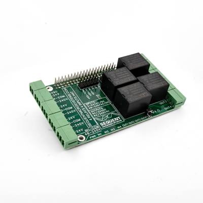 side of a 4-Relay and 4-HV Inputs HAT Front Raspberry Pi
