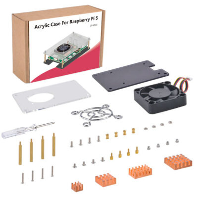 Acrylgehäuse mit Lüfter und Kühlkörpern für Raspberry Pi 5 Teile und Karton