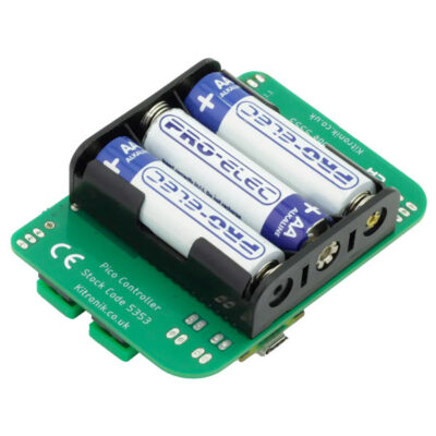 Unten Kitronik Mini Controller vorne Raspberry Pi Pico (W) mit Batterien